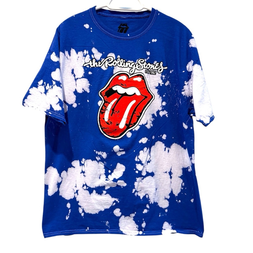 Rolling Stones Band Concert Tee Shirt Short Sleeve Blue White Tie Dye Size Large